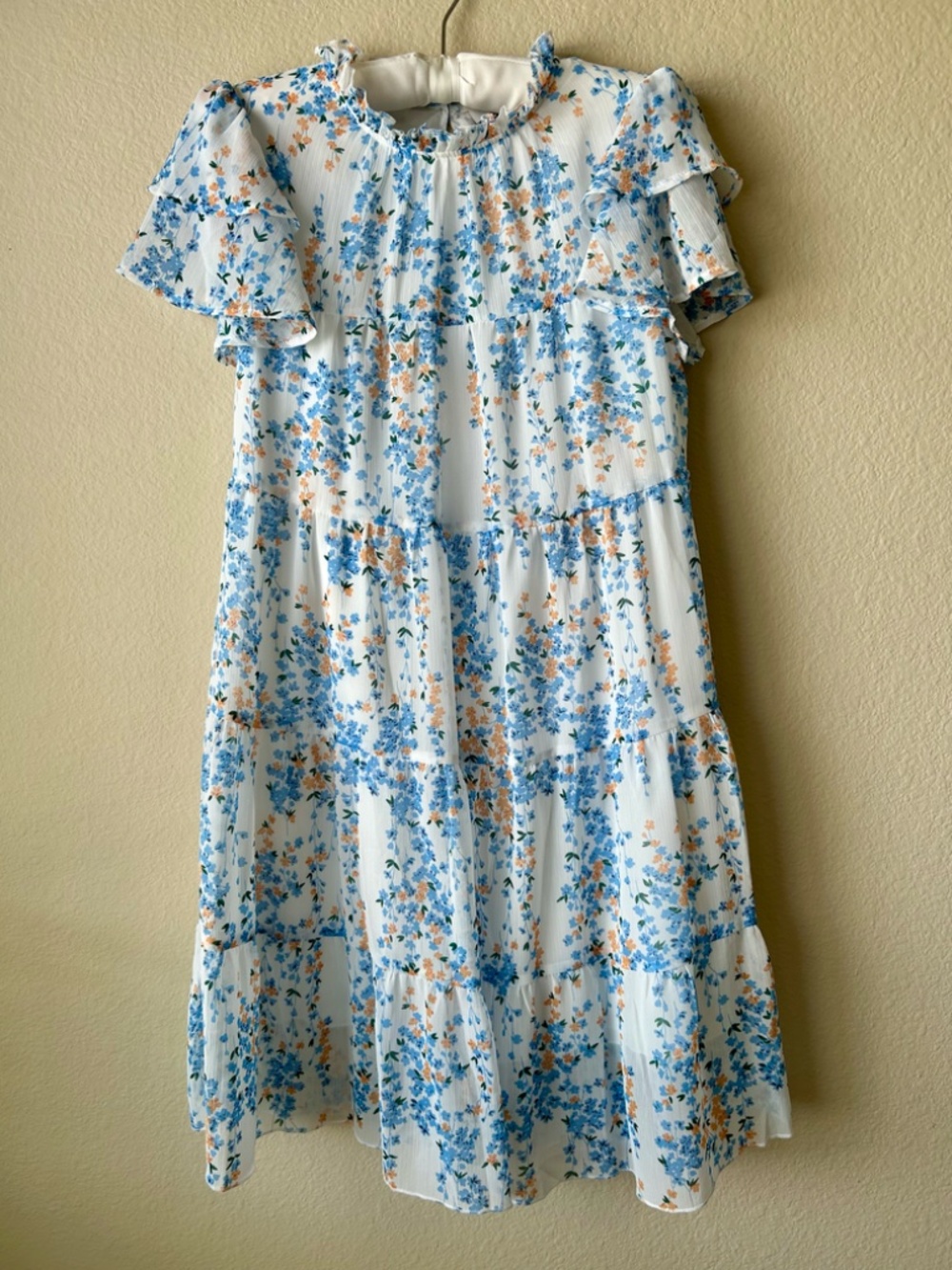 Blue Orange Floral Dress Short Layered Sleeves Ruffle Neck Shein Size Small - Picture 2 of 12